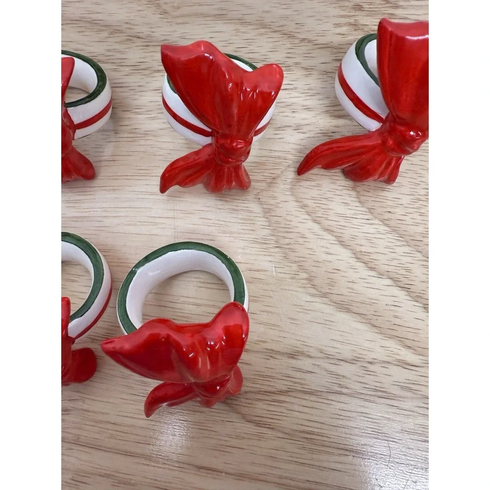 Vintage Napkin Rings set of 6 Red Bows‎ Green Taiwan #34